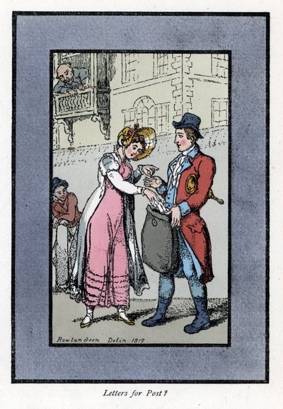 Femme payant et mettant une lettre dans un sac porté par un employé de la Royal Post Office britannique. Gravure sur bois, d