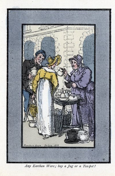 Femme vendant des pichets, théières et bols à un coin de rue. Une jeune femme élégante regarde les marchandises. Gravure sur bois, d