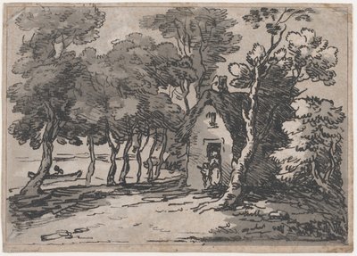 Scène boisée avec des figures à la porte d