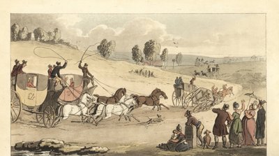 Jeunes gentlemen anglais faisant la course de voitures à quatre chevaux sur une route - Thomas Rowlandson