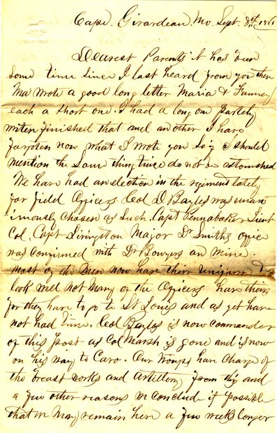 Lettre signée T.S. Hawley, Cape Girardeau, Missouri, à ses parents, 8 septembre 1861 - Thomas S. Hawley