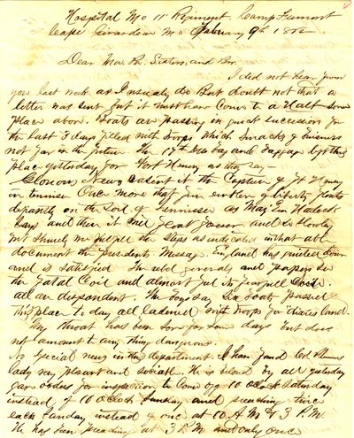 Lettre signée T.S. Hawley, Hôpital 11e Infanterie du Missouri, Camp Fremont, Cape Girardeau, à la famille, 9 février 1862 - Thomas S. Hawley
