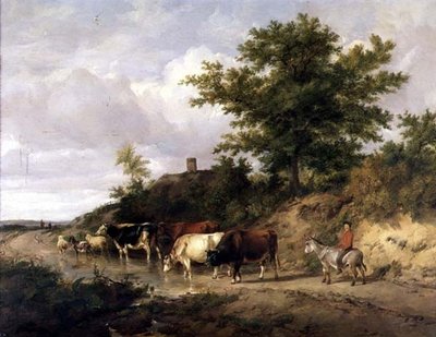 Paysage boisé avec un garçon sur un âne et du bétail à un gué - Thomas Sidney Cooper