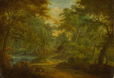 Paysage boisé avec un ruisseau et un pêcheur - Thomas Smith of Derby