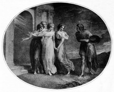 Prudence, Piété, Charité et Discrétion invitant Chrétien au Palais Beau, 1789, 1912 - Thomas Stothard