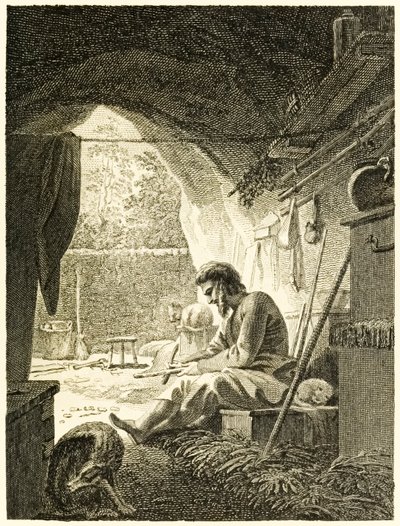 Robinson Crusoé travaillant dans sa grotte de La vie et les aventures surprenantes de Robinson Crusoé, marin de York par Daniel Defoe - Thomas Stothard