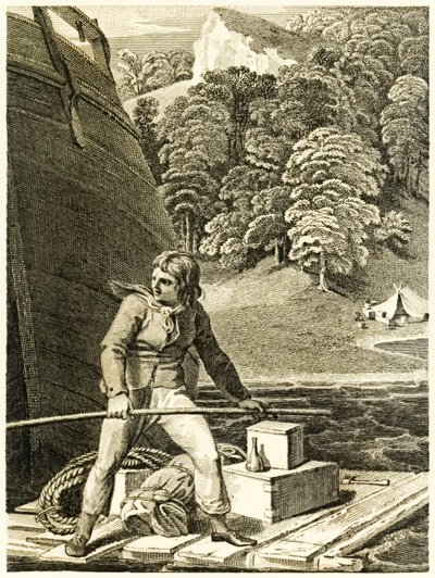 Robinson Crusoé sur son radeau de La vie et les aventures surprenantes de Robinson Crusoé, marin de York par Daniel Defoe - Thomas Stothard