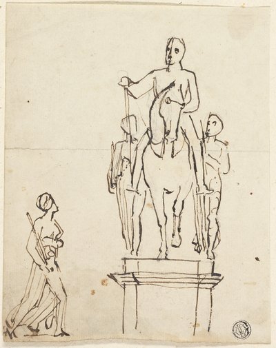 Sculpture de cavalier accompagné de deux figures debout, avec croquis de l