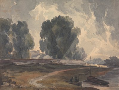 Paysage avec arbres et lac avec figures et bateau - Thomas Sully