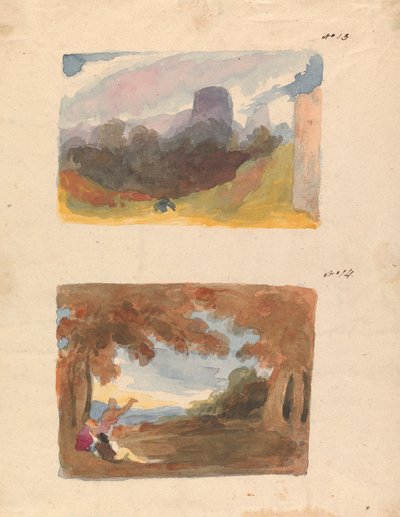 Deux dessins sur une feuille : Paysage avec château - manière moderne (n° 13) ; Paysage avec personnages au premier plan (n° 14) - Thomas Sully
