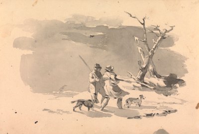 Deux chasseurs et deux chiens en scène d