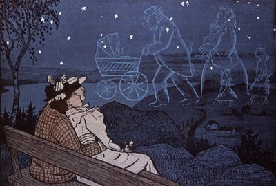 Couple en plein air, regardant leur avenir dans les étoiles : enfants, famille. Illustration par Th.Th. Heine dans : Simplicissimus, Allemagne - Thomas Theodor Heine
