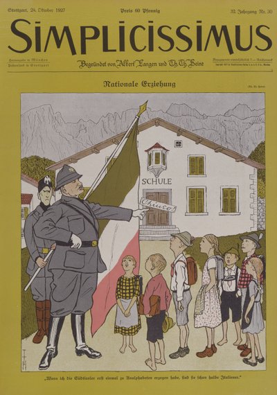 Mussolini (1883-1945) et le Tyrol italien, caricature du magazine 