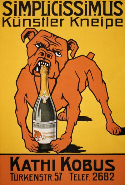 Affiche vintage de bulldog mordant une bouteille de champagne - Thomas Theodor Heine