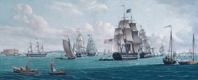Le navire américain Franklin, avec une vue de la baie de New York, années 1820 ou 1830 - Thomas Thompson
