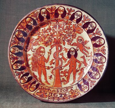 Plat en faïence Adam et Ève, North Staffordshire, 1674 - Thomas Toft