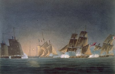 HMS Rinaldo engageant quatre Corsaires Français, gravé par J. Bailey pour 