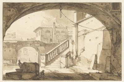 Vue à travers une arche sur une cour intérieure italienne - Thomas Wijck