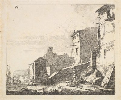 Scène de village avec une femme debout à côté d