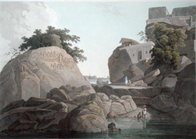 Vue sud-est du rocher des fakirs sur le Gange, près de Sultaungunge, planche X de 