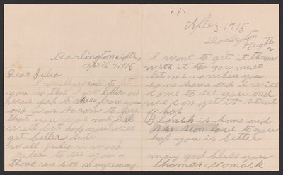 Lettre de Thomas Womack à Julia Womack avec enveloppe, 7 avril 1915 - Thomas Womack