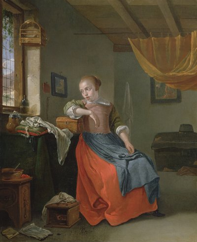 Une femme assise dans un intérieur regardant par la fenêtre - Thomas Wyck