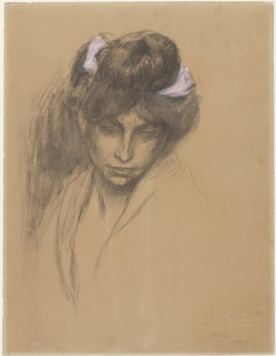 Jeune fille sombre, regardant vers le bas, avec un ruban violet dans les cheveux - Théophile Alexandre Steinlen
