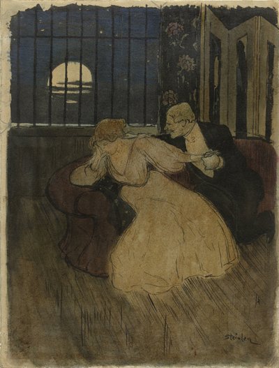 Gentilhomme en habit essayant de persuader une dame hésitante sur un canapé - Théophile Alexandre Steinlen
