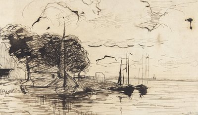 Rive avec une grange et des voiliers - Théophile de Bock (possibly)