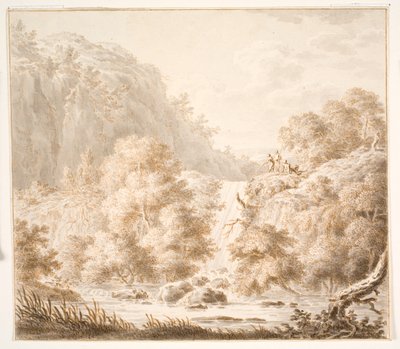 Paysage de montagne avec arbres et cascade, et trois figures - Thorsten Elias Hjaltelin