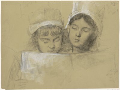 Deux filles avec des bonnets blancs, lisant un livre - Thérèse Schwartze