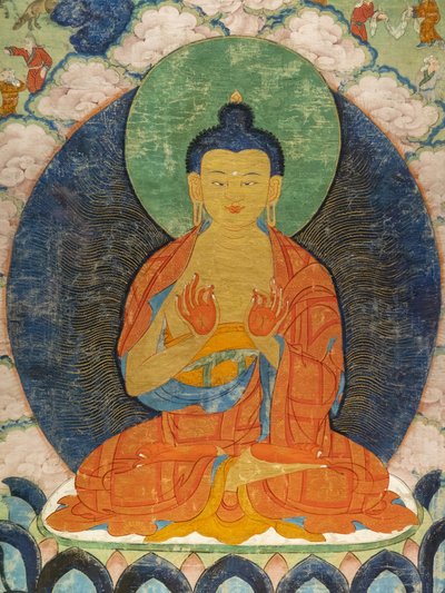 Bouddha et trois Jataka : Mahakapi, Ruru, Shaabhamiga - Tibetan School