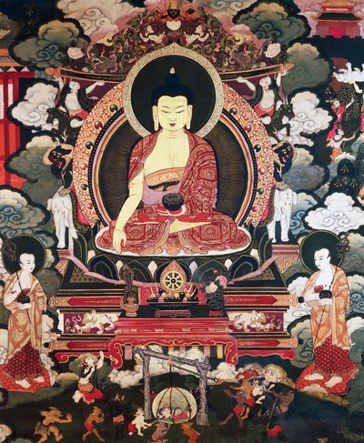 Bouddha assis entre ses deux grands disciples Cariputra et Maudgalyayana, scènes de la vie de Bouddha Sakyamuni, civilisation tibétaine - Tibetan School