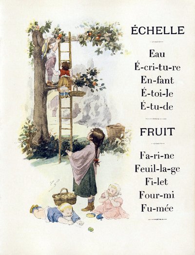 Lettres E et F représentant des enfants faisant cuire des oranges, fin 19e siècle (chromolithographie) - Timoleon Marie Lobrichon