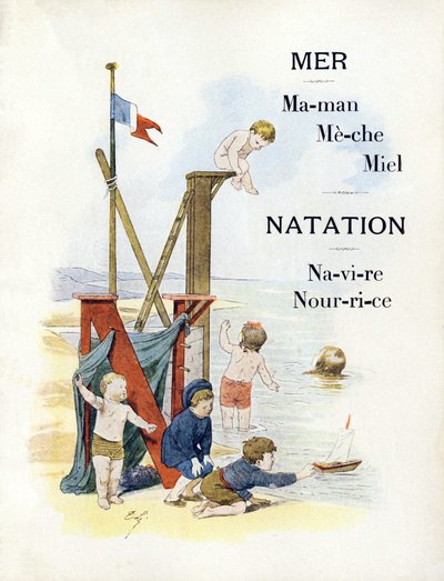 Lettres M et N représentant des enfants à la plage, fin du XIXe siècle - Timoleon Marie Lobrichon