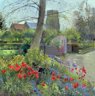 Tulipes rouges et église de Bedfield - Timothy Easton