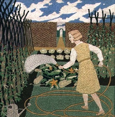 Une femme arrosant le jardin - Tirzah Ravilious