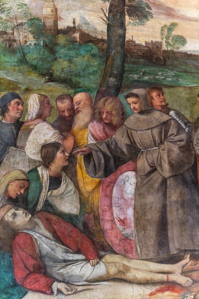 Saint Antoine réattachant le pied à un jeune homme, École du Saint (détail) - Titian (c.1488 1576)