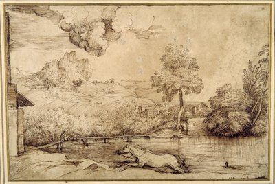Paysage : un cheval sans cavalier poursuivi par un serpent - Titian (c.1488 1576)