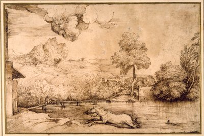 Paysage : un cheval sans cavalier poursuivi par un serpent - Titian (c.1488 1576)