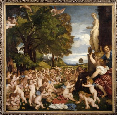 Offrande à Vénus. Petits amours (angelots) se rassemblent pour rendre hommage à la déesse Aphrodite - Tiziano Vecelli