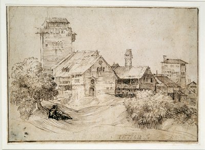 Paysage avec bâtiments et amoureux, étreignant, d