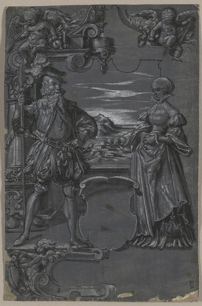 Conception pour la peinture sur verre : Homme et femme dans un cadre architectural, seconde moitié des années 1500 - Tobias Stimmer