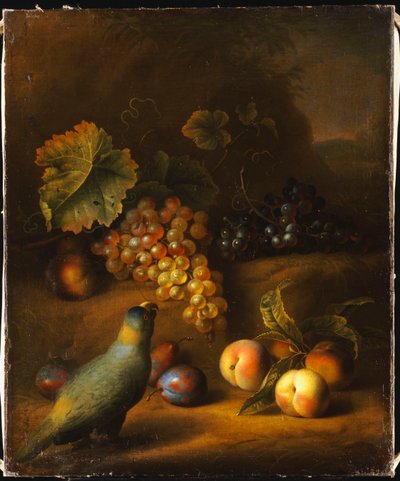 Un perroquet avec des raisins, des pêches et des prunes dans un paysage - Tobias Stranover
