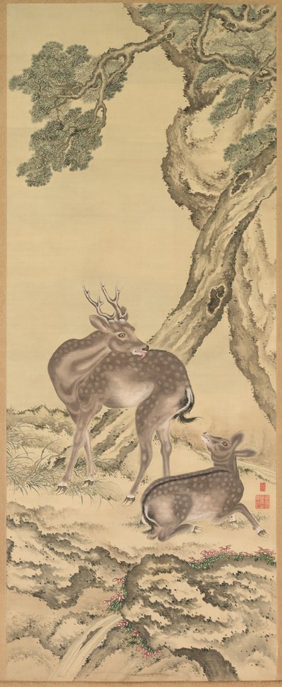 Symboles de longévité : Cerf sous pêche et pin (Pêche) (gauche) - Toda Tadanaka