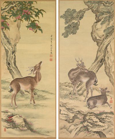 Symboles de longévité : Cerf sous pêche et pin - Toda Tadanaka