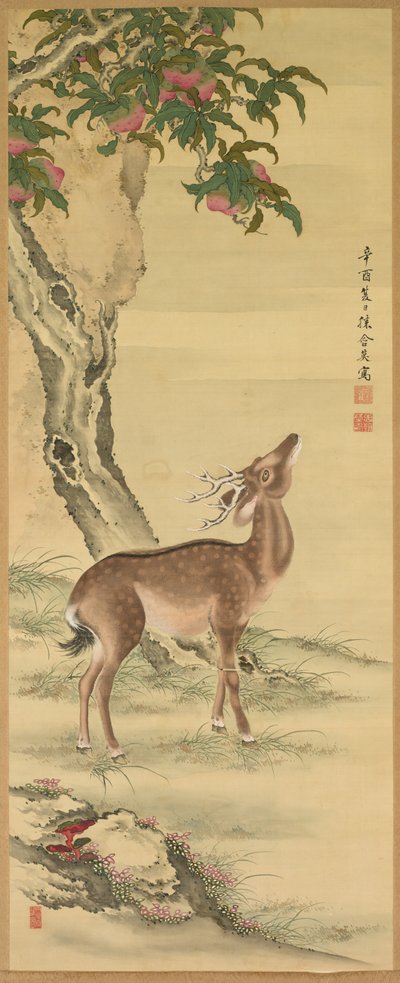 Symboles de longévité : Cerf sous Pêche et Pin à droite, 1801 - Toda Tadanaka