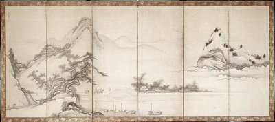 Voyageurs sur un pont au bord du lac, vers 1700 - Toetsu Toetsu