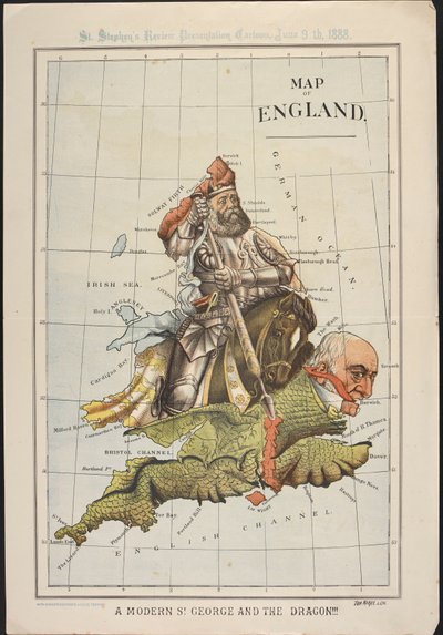 Un Saint Georges moderne et le dragon : Une caricature politique, sous forme de carte de l