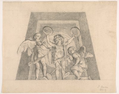 Trois putti avec tambourins et trompettes, conception pour la lunette de la Sala delle Muse, Musée Pio-Clementino, Vatican - Tommaso Maria Conca